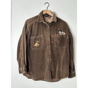 Vtg 90's Mickey Unlimited Corduroy Shirt Medium Mickey Mouse Goofy Brown Button
